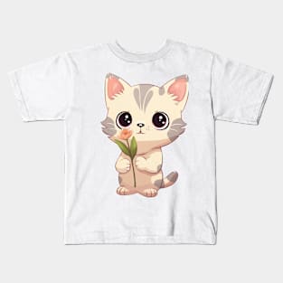 Cute Kitten with Flower Illustration Kids T-Shirt